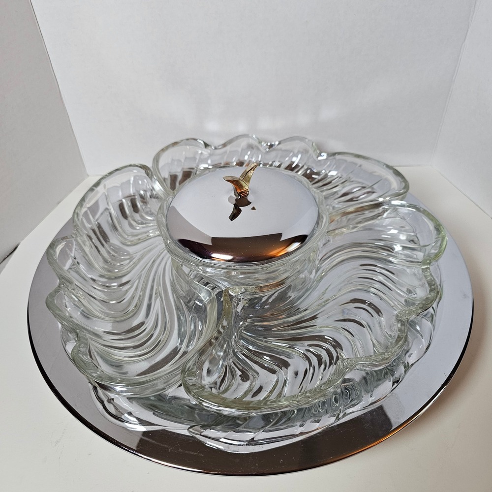 1950s Kromex Lazy Susan Chrome Glass Petal Swirl Serving Set MCM  USA Vintage